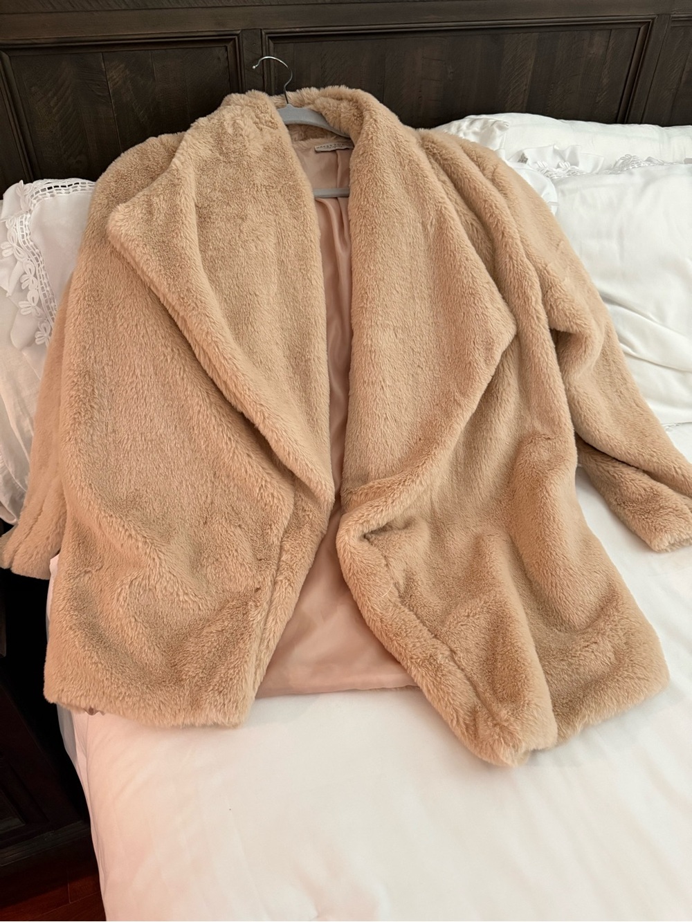 Dress Forum Plush Teddy Open-Front Coat in Beige Tan